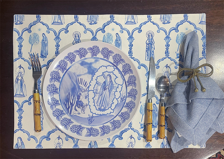 Mary Apparition Cotton Placemats | Blue and White Catholic Decor, Set of 4