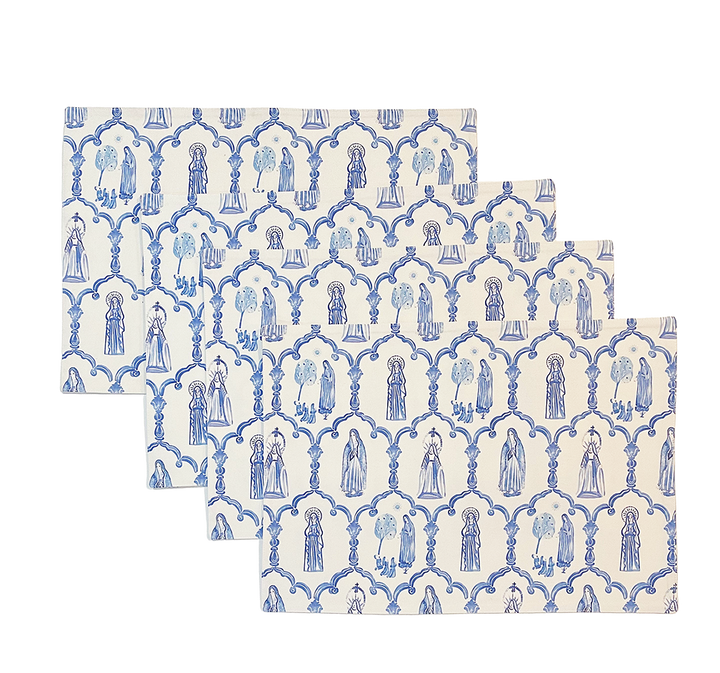 Mary Apparition Cotton Placemats | Blue and White Catholic Decor, Set of 4