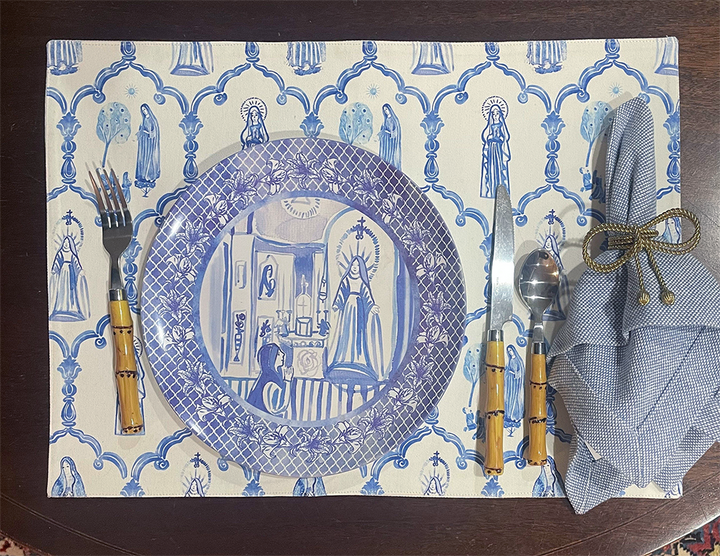 Mary Apparition Cotton Placemats | Blue and White Catholic Decor, Set of 4