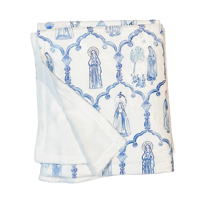 Marian Apparition Throw Blanket | Blue White Catholic Blessed Mother Home Decor