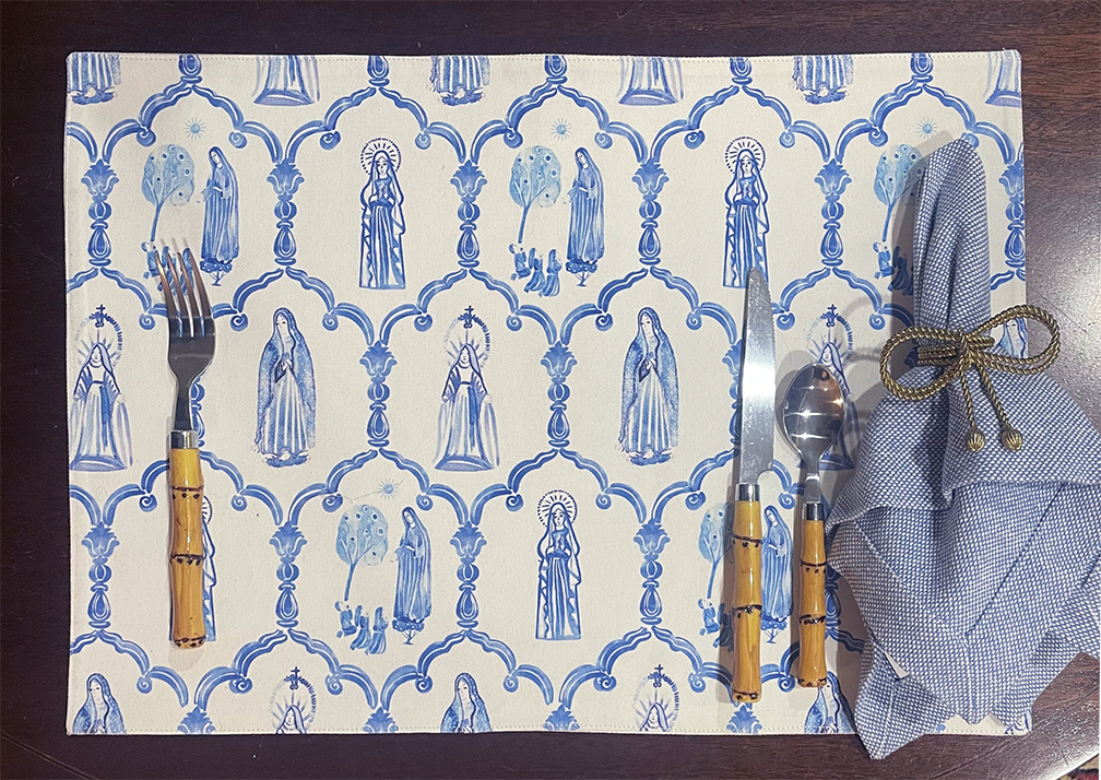 Mary Apparition Cotton Placemats | Blue and White Catholic Decor, Set of 4