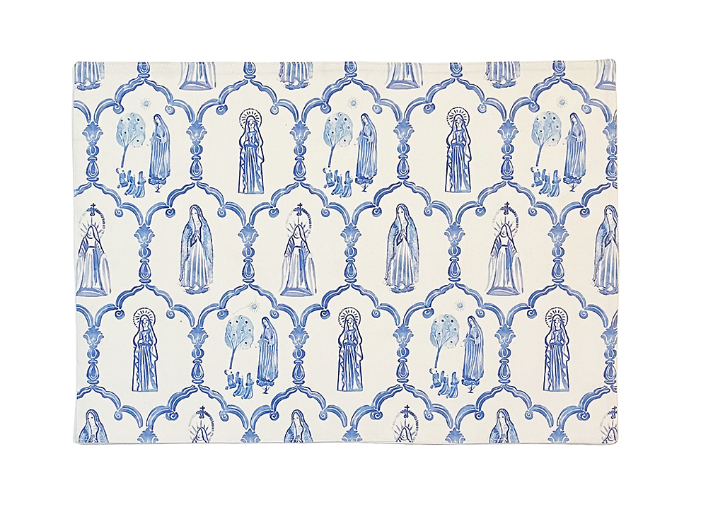 Mary Apparition Cotton Placemats | Blue and White Catholic Decor, Set of 4
