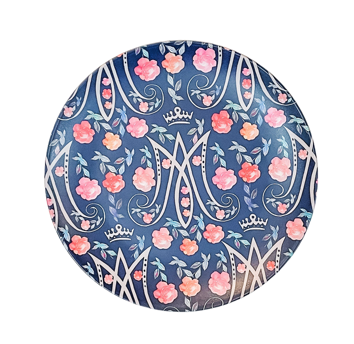 Auspice Maria Navy Blue Floral Plate | Catholic Blessed Mother Home Decor
