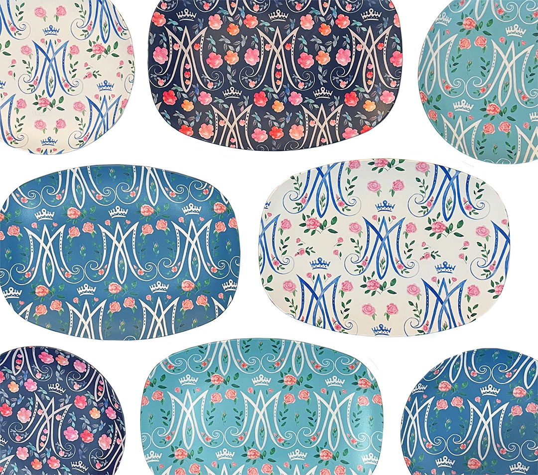 Auspice Maria Platter | Floral Monogram Catholic Serving Dish