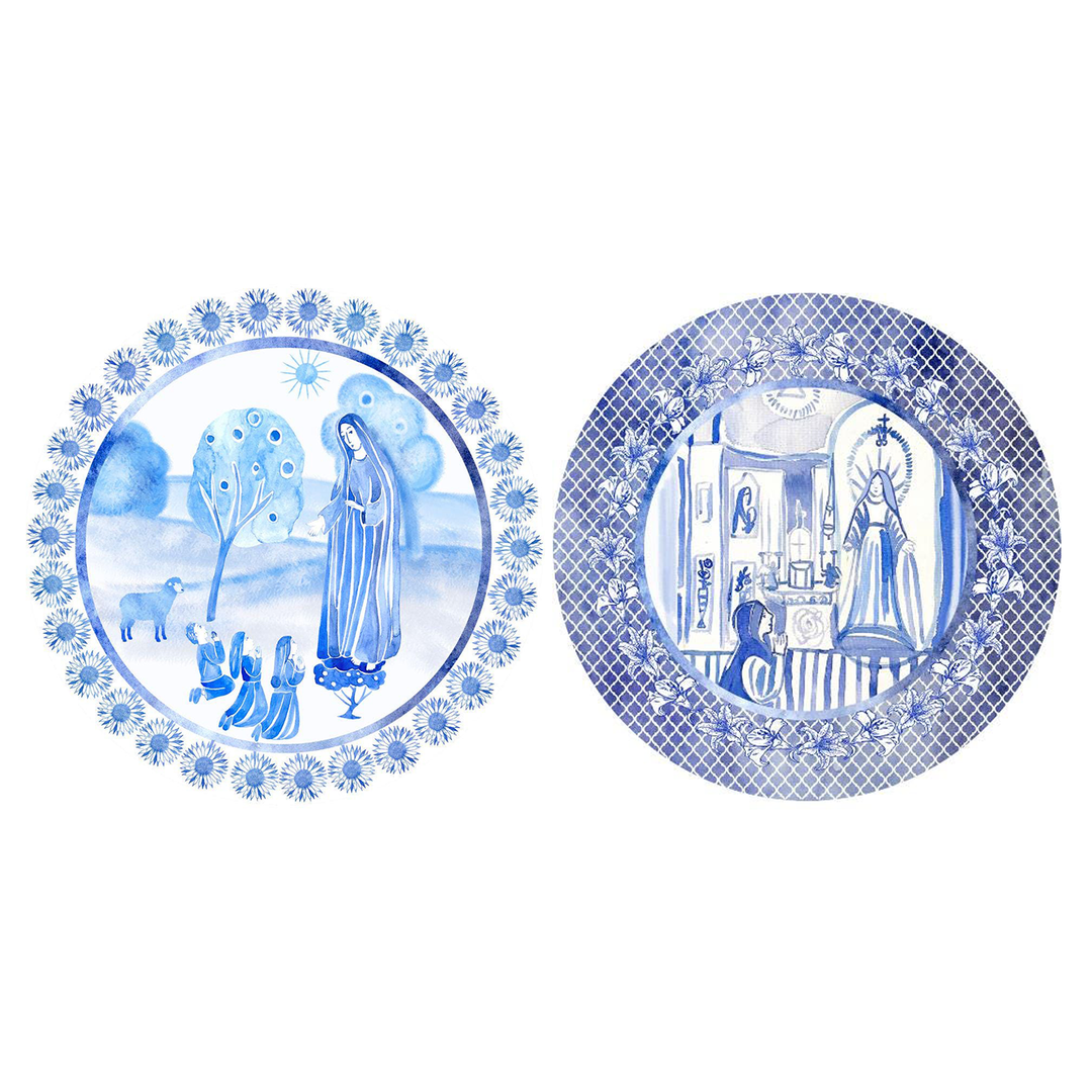 Set of 2 Marian Apparition Plates | Blue &amp; White Catholic Decor