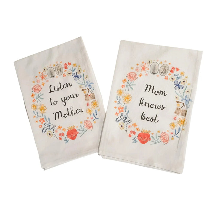 Blessed Mother Flour Sack Hand Towels | Catholic Floral Wreath Kitchen Towels