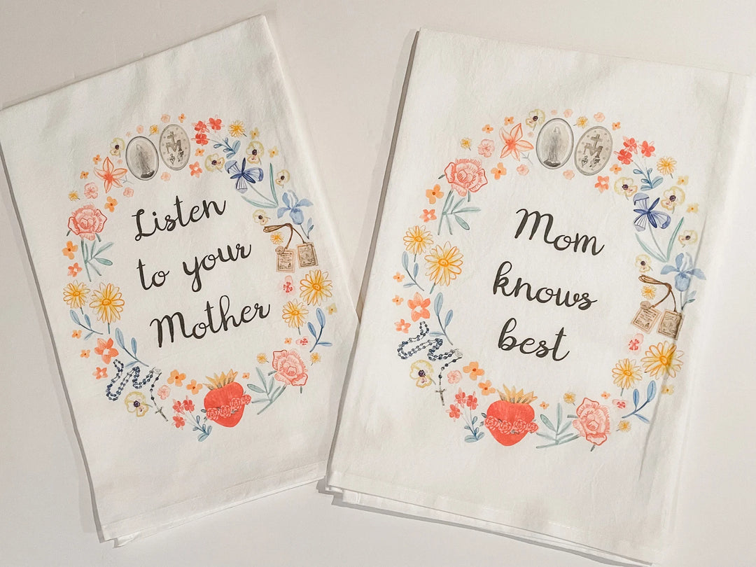 Blessed Mother Flour Sack Hand Towels | Catholic Floral Wreath Kitchen Towels