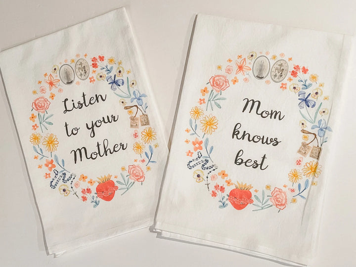 Blessed Mother Flour Sack Hand Towels | Catholic Floral Wreath Kitchen Towels