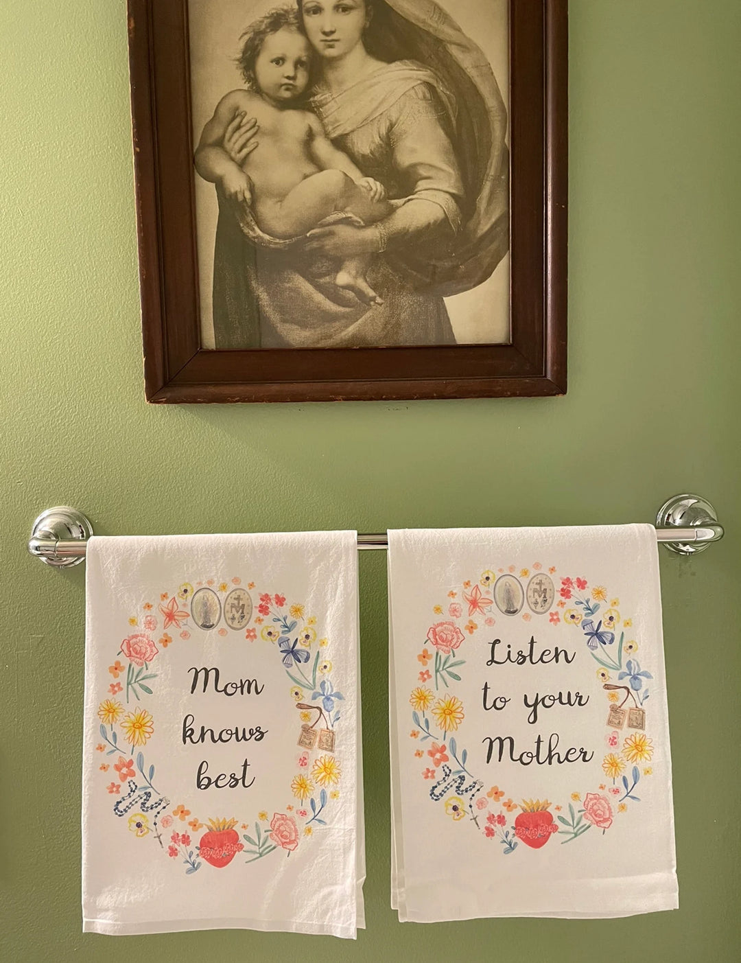 Blessed Mother Flour Sack Hand Towels | Catholic Floral Wreath Kitchen Towels