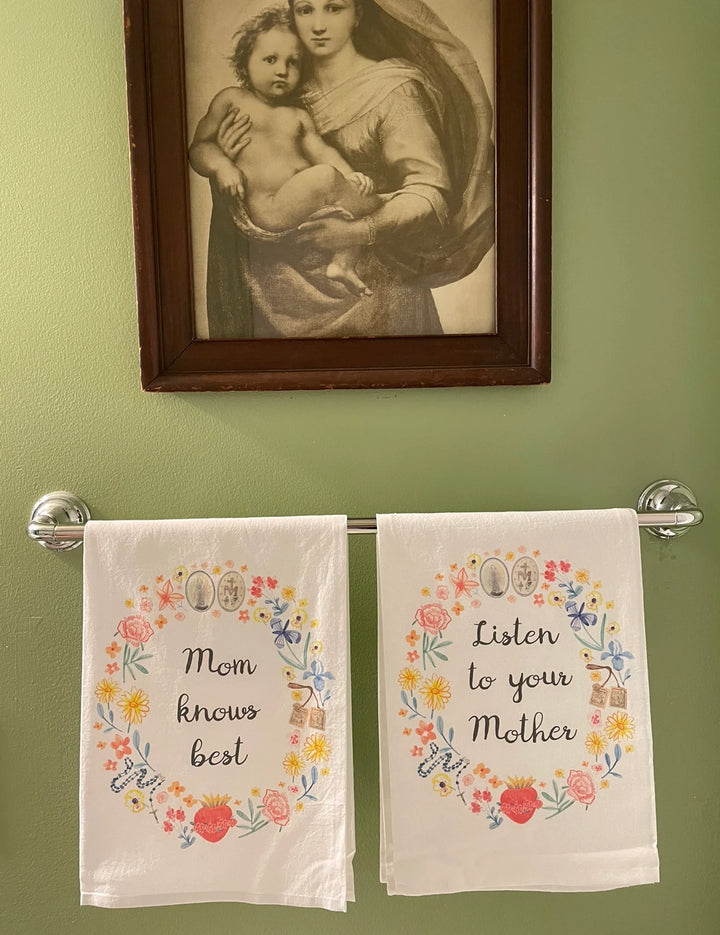 Blessed Mother Flour Sack Hand Towels | Catholic Floral Wreath Kitchen Towels