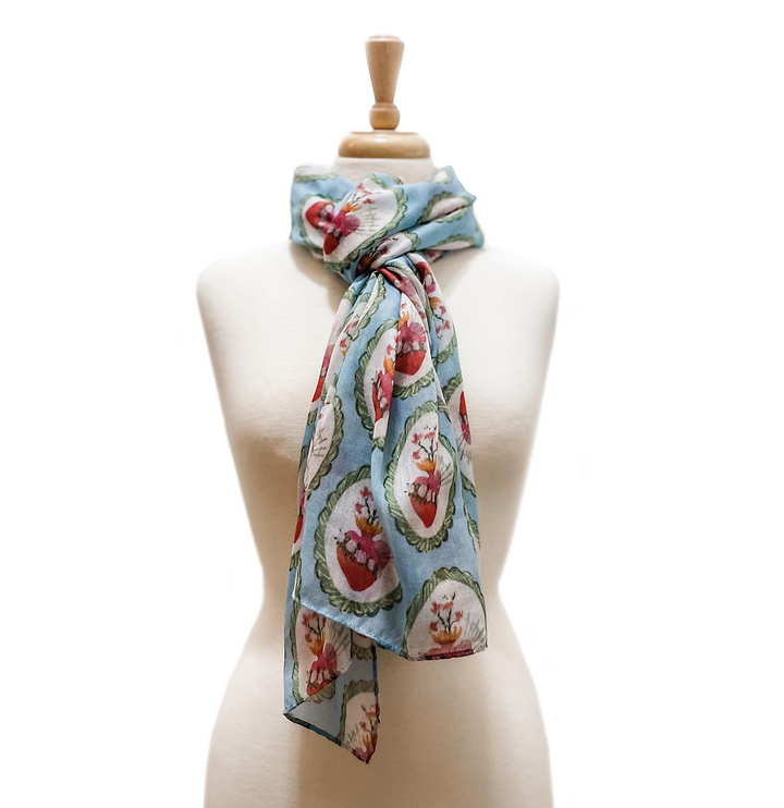 Immaculate Heart of Mary Scarf | Blue Floral Catholic Print, Miraculous Medal Attached
