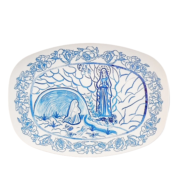 Our Lady of Lourdes Platter | Blue Chintzware Style Serving Dish (Oven Safe)