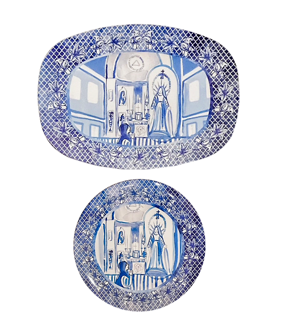Miraculous Medal Catholic Platter | Blue &amp; White Chintzware Design