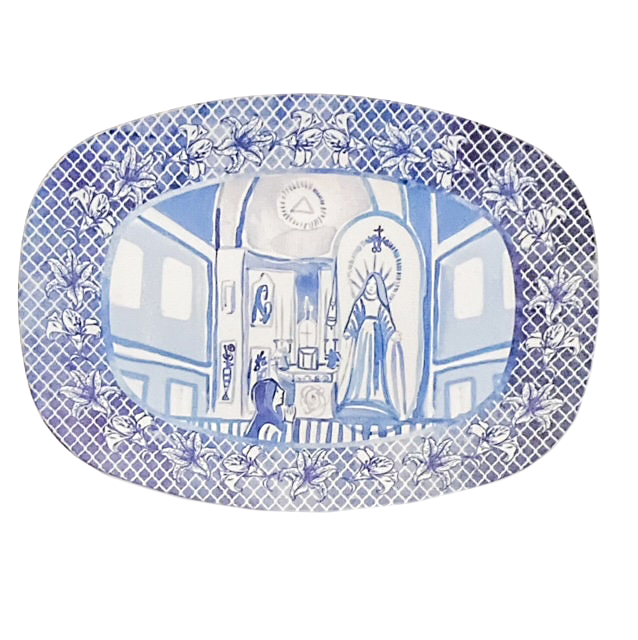 Miraculous Medal Catholic Platter | Blue &amp; White Chintzware Design