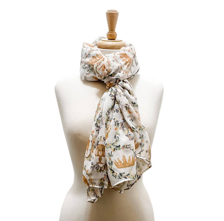 Queenship of Mary Scarf | Crown Floral Print, Miraculous Medal Adorned, Lightweight Accessory