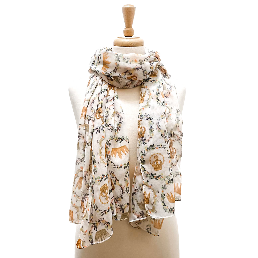 Queenship of Mary Scarf | Crown Floral Print, Miraculous Medal Adorned, Lightweight Accessory