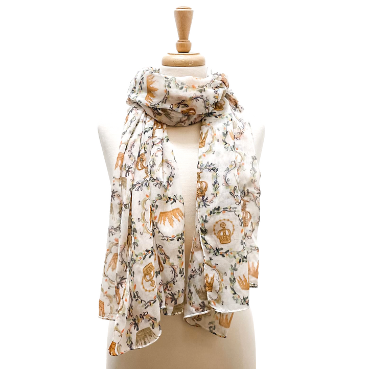 Queenship of Mary Scarf | Crown Floral Print, Miraculous Medal Adorned, Lightweight Accessory