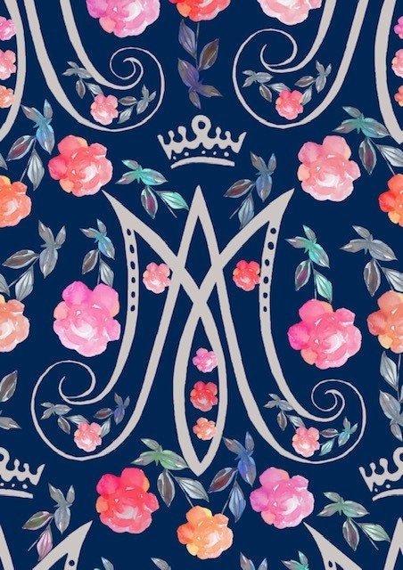 Ave Maria Navy Blue Catholic Fashion Scarf Auspice Maria Blessed Mother Catholic Monogram Scarf Miraculous Medal