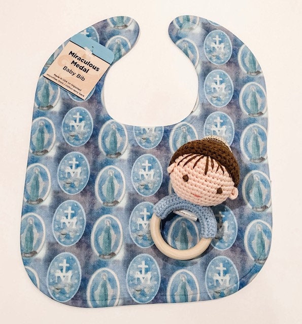 Catholic Baby Bib and Rattle Set | Miraculous Medal, Child Jesus, Pima Cotton, Wood Ring
