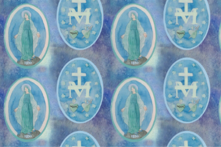 Catholic Baby Bib and Rattle Set | Miraculous Medal, Child Jesus, Pima Cotton, Wood Ring