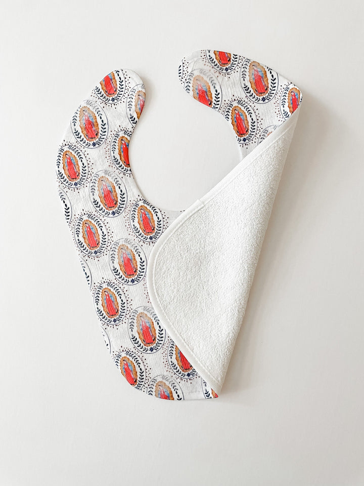 Our Lady of Guadalupe Cotton Bib | Catholic Baby Gift, Soft Cotton Terry Cloth Back