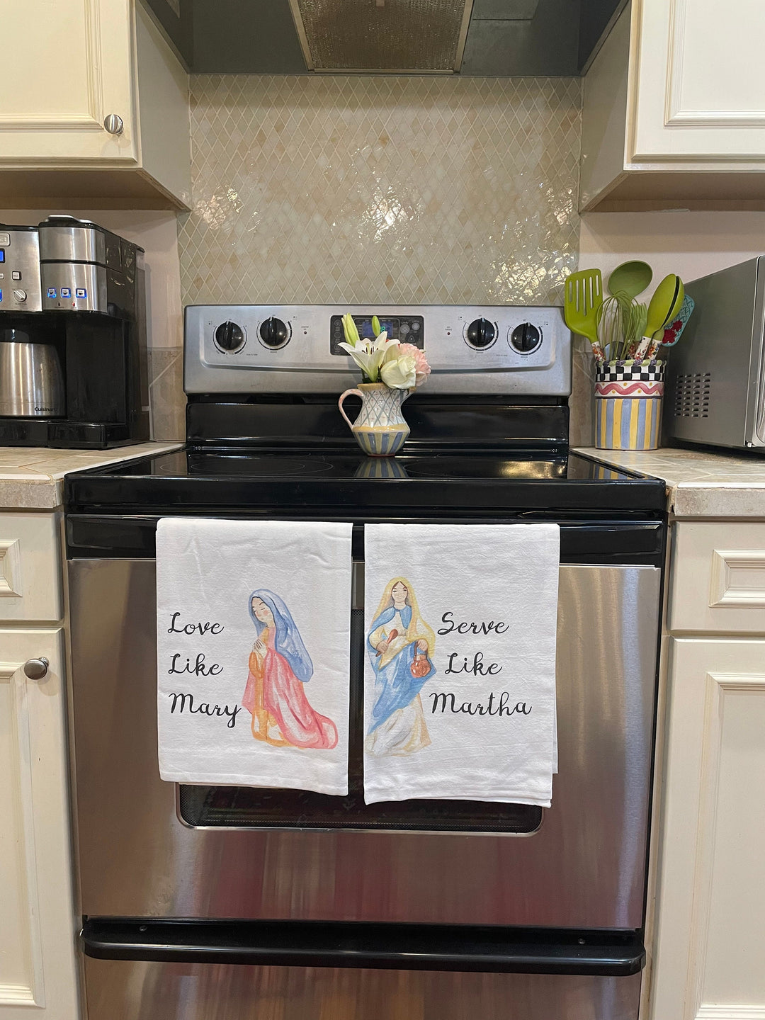 Catholic Hand Towels | Love Like Mary Serve Martha Cotton Kitchen Towels