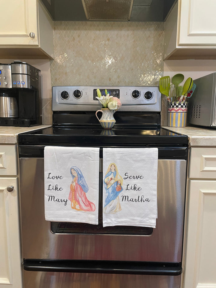 Catholic Hand Towels | Love Like Mary Serve Martha Cotton Kitchen Towels