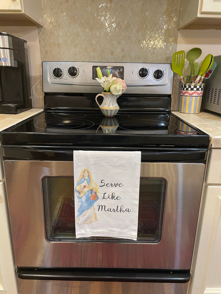 Catholic Hand Towels | Love Like Mary Serve Martha Cotton Kitchen Towels