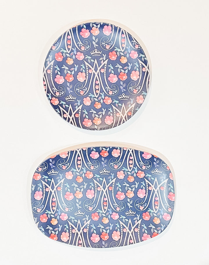 Auspice Maria Navy Floral Platter | Catholic Blessed Mother Gift