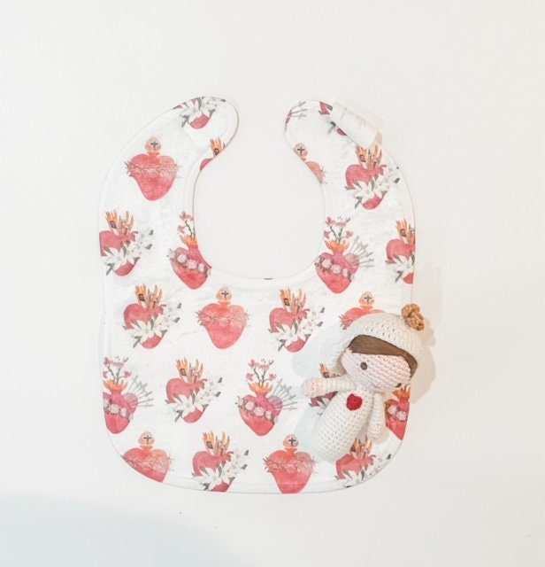 Holy Family Hearts Bib and Immaculate Heart Rattle Set | Catholic Baby Gift