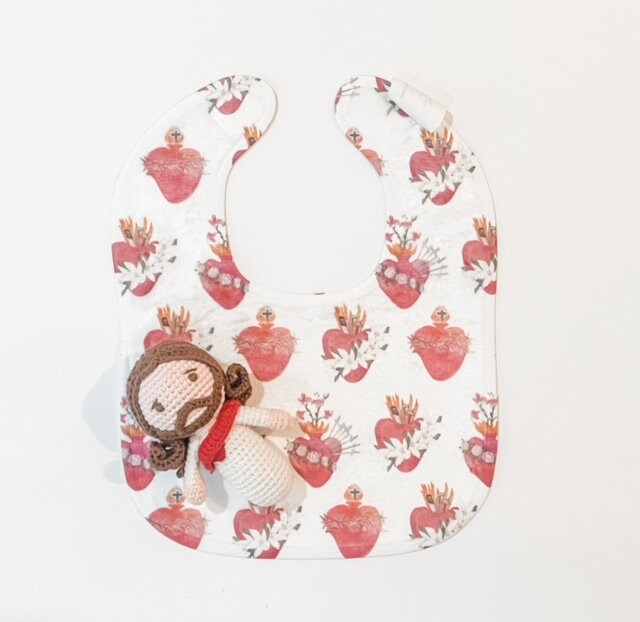 Holy Family Hearts Bib and Immaculate Heart Rattle Set | Catholic Baby Gift