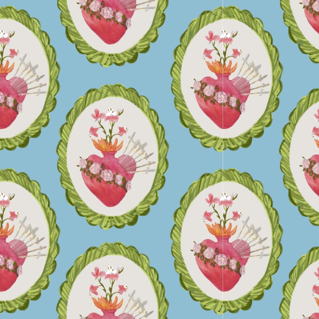 Immaculate Heart of Mary Scarf | Blue Floral Catholic Print, Miraculous Medal Attached