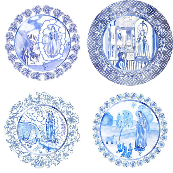 Set of 4 Marian Apparition Plates Set | Catholic Blessed Mother, Unbreakable Dinnerware