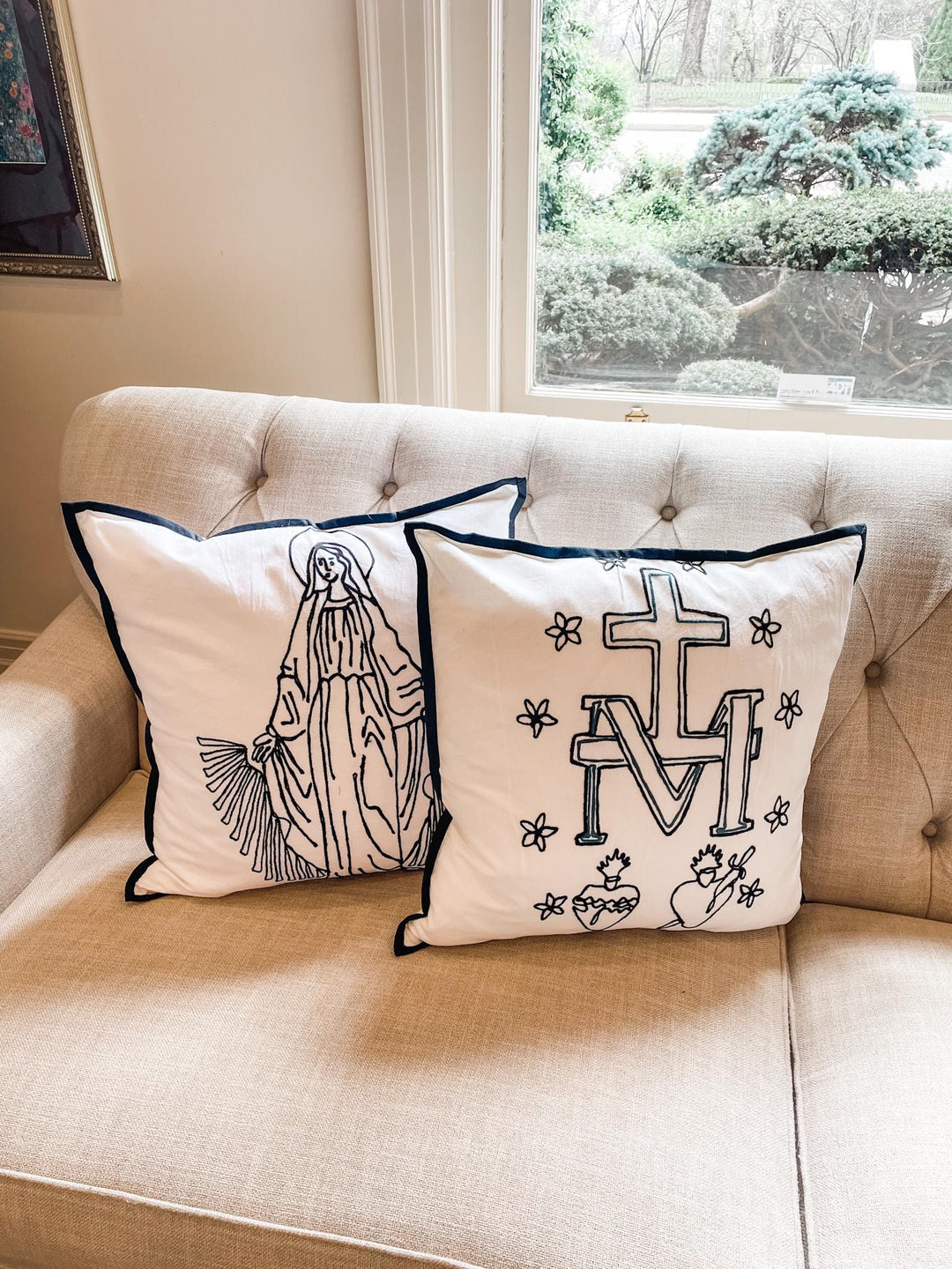 Handmade Miraculous Medal Pillow | Embroidered Catholic Throw