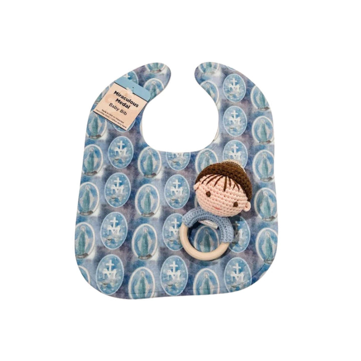 Catholic Baby Bib and Rattle Set | Miraculous Medal, Child Jesus, Pima Cotton, Wood Ring