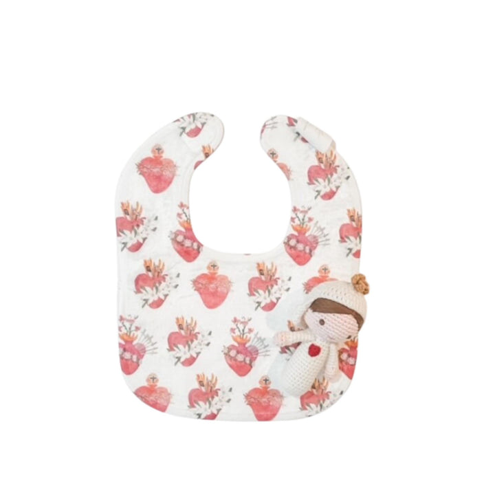 Holy Family Hearts Bib and Immaculate Heart Rattle Set | Catholic Baby Gift