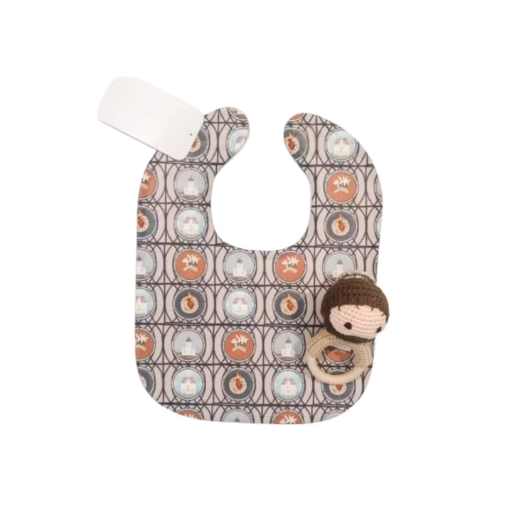 St. Joseph Baby Rattle and Bib Set | Pima Cotton, Wood Ring, Catholic Gift