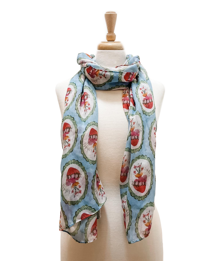 Immaculate Heart of Mary Scarf | Blue Floral Catholic Print, Miraculous Medal Attached
