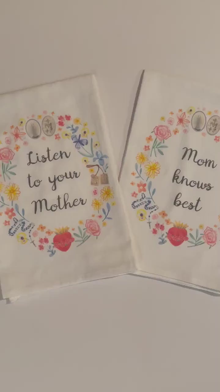 Blessed Mother Flour Sack Hand Towels | Catholic Floral Wreath Kitchen Towels